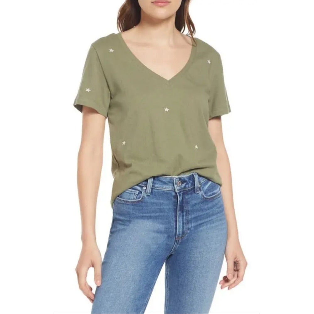 Rails The Cara V-Neck Olive Embroidered Stars T-Shirt Top V-Neck Short Sleeve L